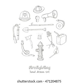 Doodle fire fighting tools set Vintage illustration for identity, design, decoration, packages product and interior decorating