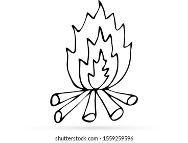 doodle fire icon, kids hand drawing bonfire, art line vector illustration