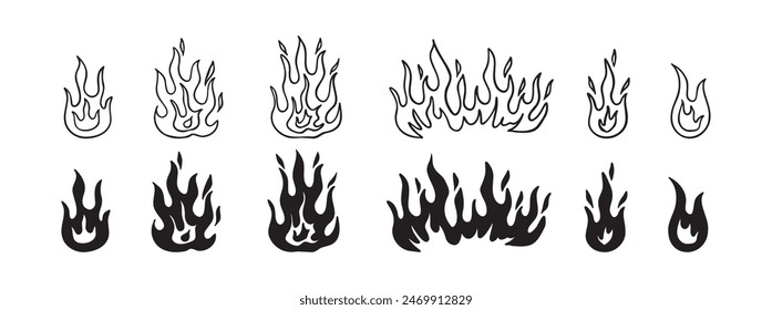 Doodle fire outline set. Vector various fire. flame illustration isolated . . Vector illustration
