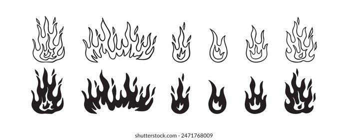 Doodle fire outline set. Vector various fire. flame illustration isolated . . Vector illustration