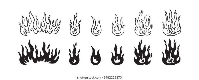 Doodle fire outline set. Vector various fire. flame illustration isolated . . Vector illustration