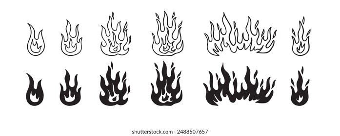 Doodle fire outline set. Vector various fire. flame illustration isolated . . Vector illustration