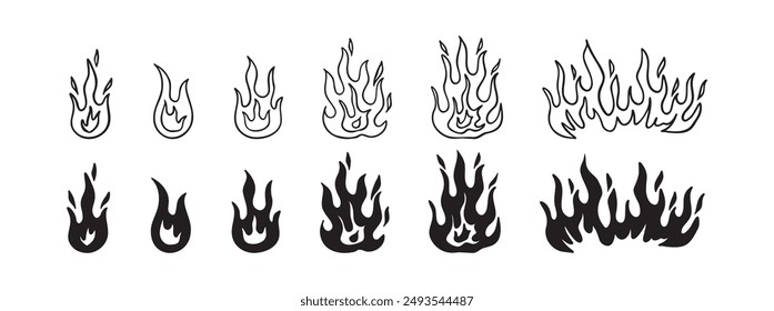 Doodle fire outline set. Vector various fire. flame illustration isolated . . Vector illustration