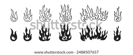 Doodle fire outline set. Vector various fire. flame illustration isolated . . Vector illustration