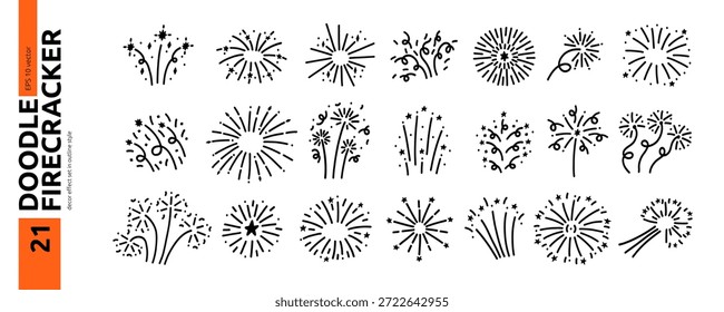Doodle Сonfetti Firecracker Icon Kit. Dibujado a mano Celebrar el Paquete del elemento de fuegos artificiales en el fondo blanco. Conjunto de Ilustración vectorial de línea negra