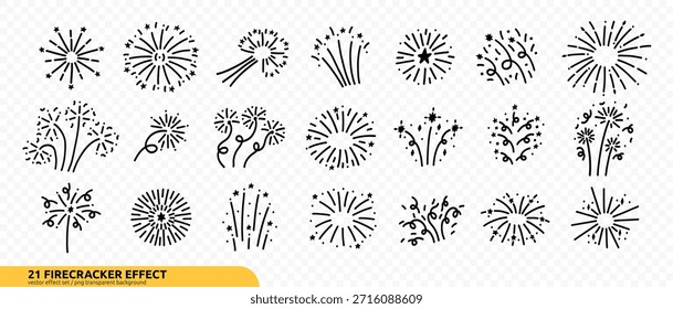 Doodle Сonfetti Firecracker Icono aislado Kit. Dibujado a mano Celebrar el Paquete de elementos de fuegos artificiales en fondo transparente. Conjunto de elementos Png de Vector de línea