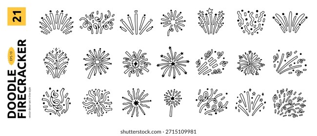 Doodle Сkit de petardo de onfetti. Dibujado a mano Celebrar el Paquete del elemento de fuegos artificiales en fondo blanco. Ilustración vectorial de línea