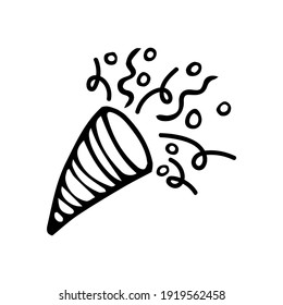 Doodle  firecracker, party popper for greeting cards, posters, stickers and seasonal design. Isolated on white background. Vector illustration.
