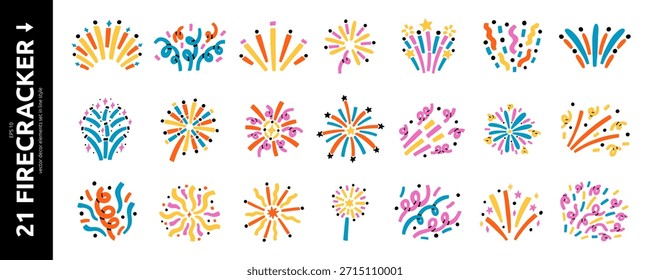 Doodle Сonfetti Firecracker Set. Dibujado a mano Celebrar el Paquete del elemento de fuegos artificiales en fondo blanco. Ilustración vectorial de línea