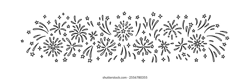 Doodle firework background. Happy New Year eve and Merry Christmas festive hand drawn vector pattern. Firecracker rocket explosion in the sky. Glitter, star, sparks, twinkle, confetti party border