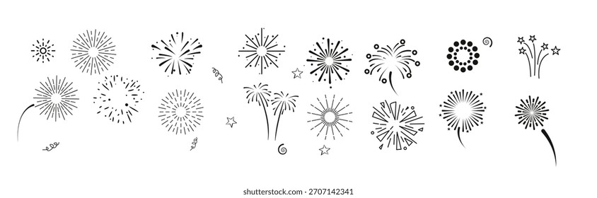 Ilustración vectorial de Plantilla de tarjeta de vacaciones de juego de fuegos artificiales Doodle