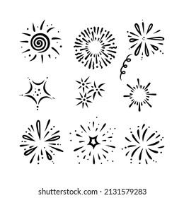 Doodle firework set. Shiny foreworks for parties and celebrations. Vector illustration isolated in white background