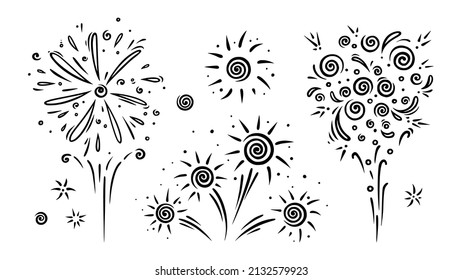 Doodle firework set. Shiny foreworks for parties and celebrations. Vector illustration isolated in white background