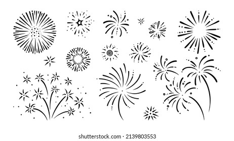 Doodle firework set. Shiny foreworks for parties and celebrations. Vector illustration isolated in white background