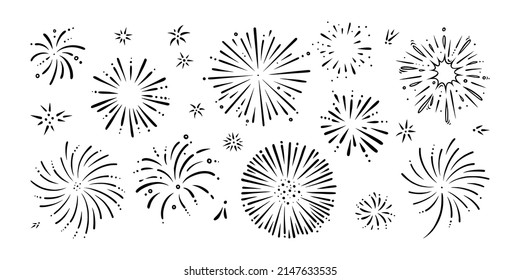 Doodle firework set. Shiny foreworks for parties and celebrations. Vector illustration isolated in white background