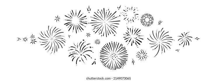Doodle firework set. Shiny foreworks for parties and celebrations. Vector illustration isolated in white background