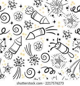 Doodle firework wrapping. Drawing fireworks seamless pattern, festival sparkler confetti explosion spark firecracker kids scrawl hand sketch background, neat vector illustration of doodle celebration