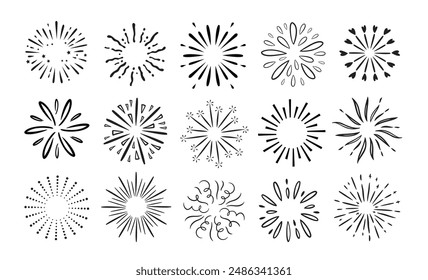 Doodle fireworks. Decorative sunburst rays, hand drawn radial sparkles celebration firework bursts. Water splash explosion, confetti and round spray vector set. Starburst cartoon isolated decoration.