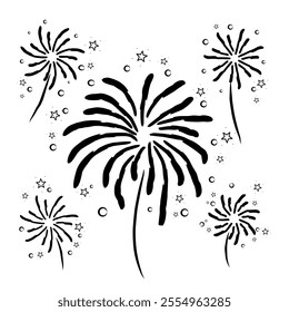 Doodle Fireworks Set. Sparkling Exploding Firework for Party and Celebration.