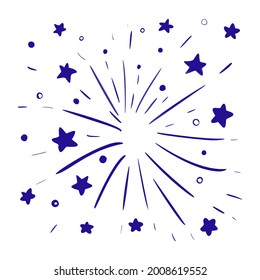 Doodle fireworks with stars isolated on white background. Happy birthday design element. Carnival art. Vector illustration.