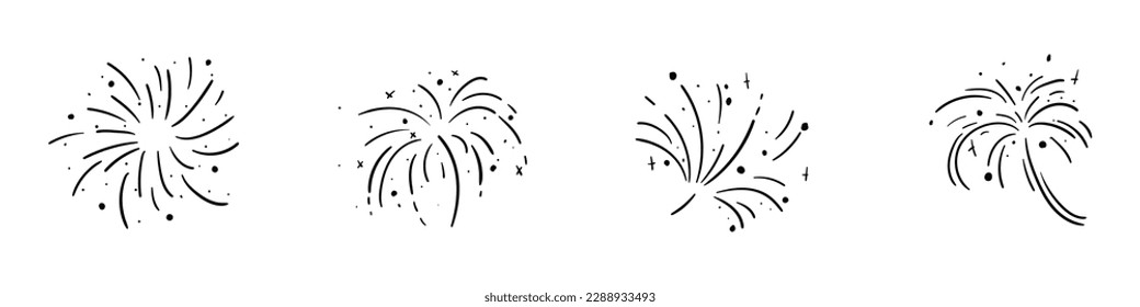 Doodle fireworks in doodle style. Hand drawn celebrate line elements. Festive highlight. Vector isolated illustration