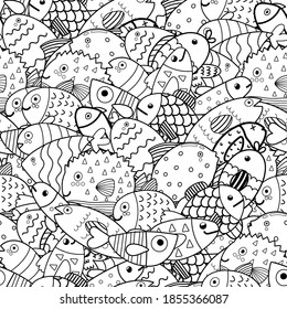 Doodle fish black and white seamless pattern. Sea life coloring page. Marine animals background. Underwater print for coloring book. Vector illustration