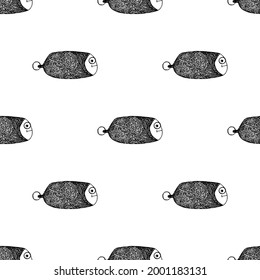 Doodle fish. Black and white seamless pattern.