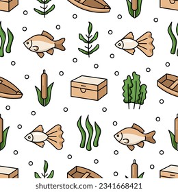 Doodle fish carp and elements for fishing seamless pattern on white background.