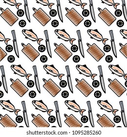 doodle fish food with lemon and kitchen utensils background