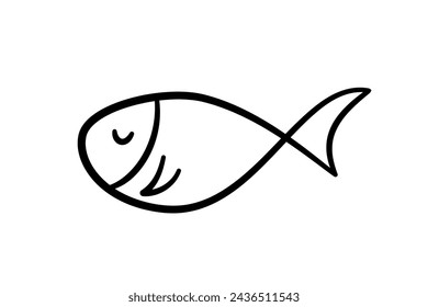 Doodle fish icon. Hand drawn sea fish. Children sketch drawing. Simple line art. Vector illustration isolated on white background.