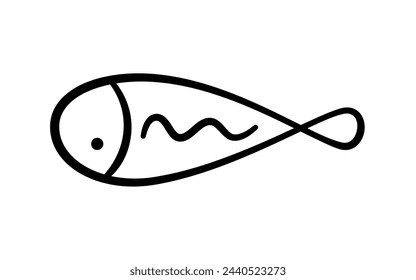 Doodle fish icon. Hand drawn sea fish. Children sketch drawing. Simple line art. Vector illustration isolated on white background.