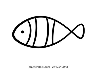 Doodle fish icon. Hand drawn sea fish. Children sketch drawing. Simple line art. Vector illustration isolated on white background.