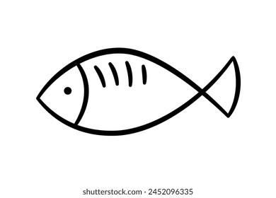 Doodle fish icon. Hand drawn sea fish. Children sketch drawing. Simple line art. Vector illustration isolated on white background.