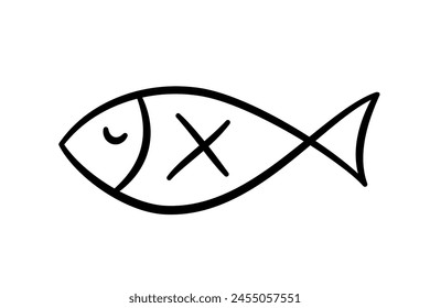 Doodle fish icon. Hand drawn sea fish. Children sketch drawing. Simple line art. Vector illustration isolated on white background.