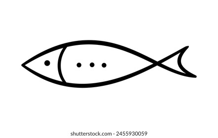 Doodle fish icon. Hand drawn sea fish. Children sketch drawing. Simple line art. Vector illustration isolated on white background.