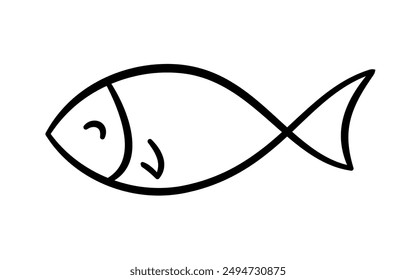 Doodle fish icon. Hand drawn sea fish. Children sketch drawing. Simple line art. Vector illustration isolated on white background.