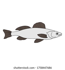 Doodle fish icon isolated on white. Seafood, logo. Hand drawing art line. Sketch vector stock illustration. EPS 10