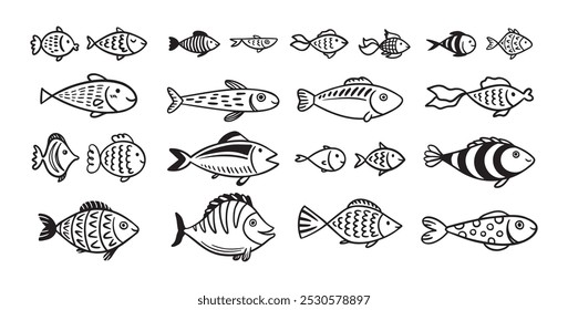 Conjunto de iconos de peces Doodle. dibujado a mano colección de boceto de peces. Mundo submarino vida marina océano. Ilustración vectorial