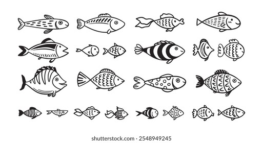 Doodle fish icon set. hand drawn Fish sketch collection. Underwater world sea life ocean. Vector illustration