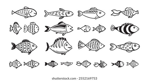Doodle fish icon set. hand drawn Fish sketch collection. Underwater world sea life ocean. Vector illustration
