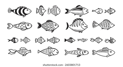 Doodle fish icon set. hand drawn Fish sketch collection. Underwater world sea life ocean. Vector illustration