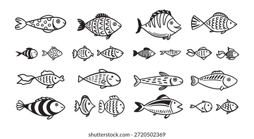 Conjunto de iconos de peces Doodle. dibujado a mano colección de boceto de peces. Mundo submarino vida marina océano. Ilustración vectorial