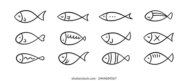 Doodle fish icons set. Hand drawn sea fish collection. Children sketch drawing. Line art. Vector illustration isolated on white background.