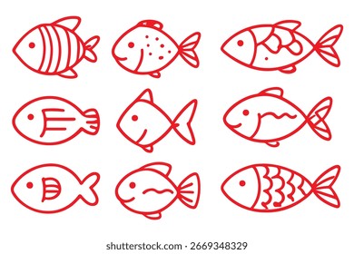 Doodle fish icons set. Hand drawn sea fish collection. Children sketch drawing. Line art.