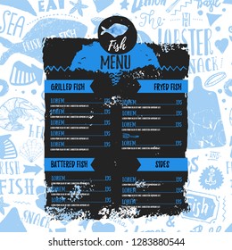 Doodle fish menu banner for flyer design. Vintage hand drawn sketch on grunge background vector illustration.