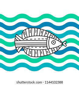 Doodle fish on wave background