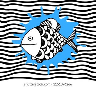 doodle fish on  wave background.