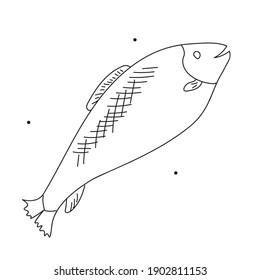 Doodle Fisch. Meeresfrüchte. Einzeln auf weißem Hintergrund.