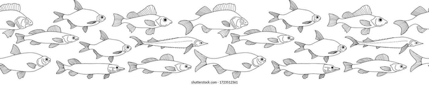 Peces de perro sin fisuras, aislados en blanco. Línea artística de dibujo a mano de marisco. Colorando el libro de la página. Ilustración de material vectorial