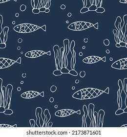 Doodle Fische - Nahtlose Muster, Cartoon-Fischhintergrund für Kinder, Hintergrund Wassertiere, Hintergrund, Skizzengrafik